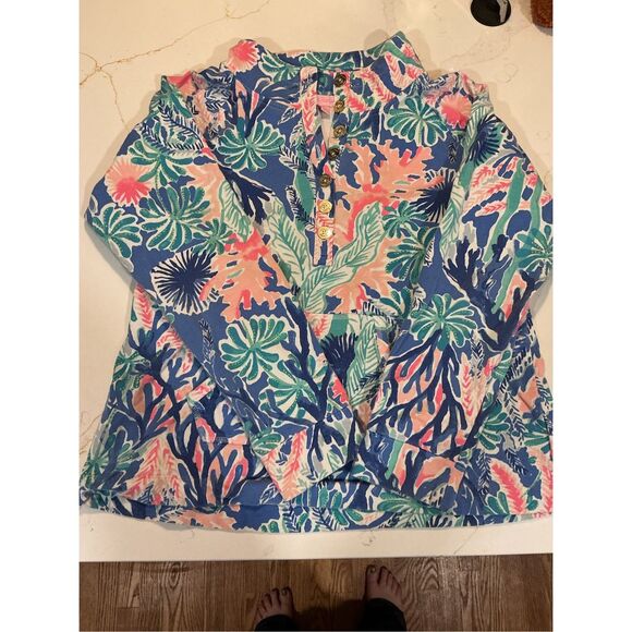 Lilly Pulitzer Captain Floral Popover Sz XL UPF 50+ Ocean Coral - Picture 2 of 8